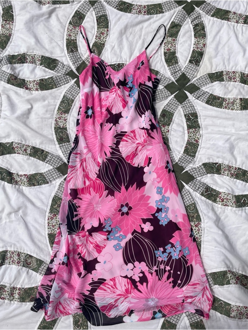 VTG Y2K Pink & Black Floral Midi Slip Dress Size Small Whimsigoth